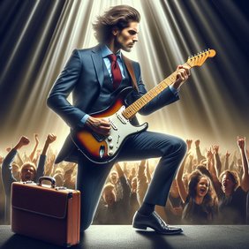 An insurance agent rocking out with an electric guitar. Cheap E and O Insurance for Insurance Agents will make you a rock star.