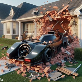 Batmobile crashing through a brick wall.  Property Appraisers need a good Errors and Omissions Insurance Policy